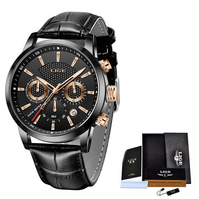 Mens Watches LIGE Top Brand Leather Chronograph Waterproof Sport Automatic Date Quartz Watch For Men Relogio Masculino