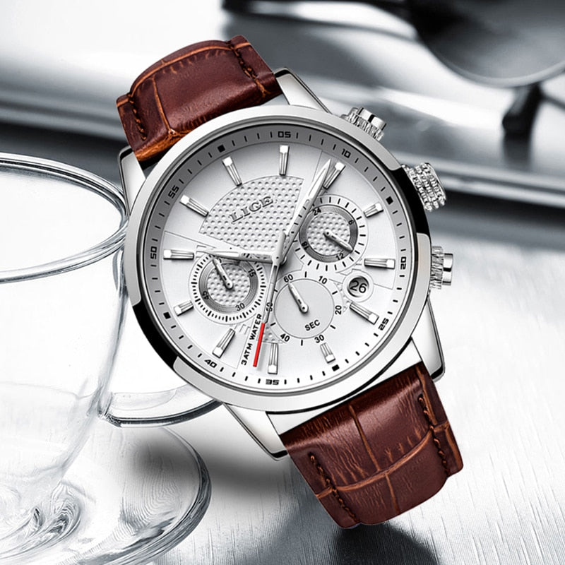 Mens Watches LIGE Top Brand Leather Chronograph Waterproof Sport Automatic Date Quartz Watch For Men Relogio Masculino