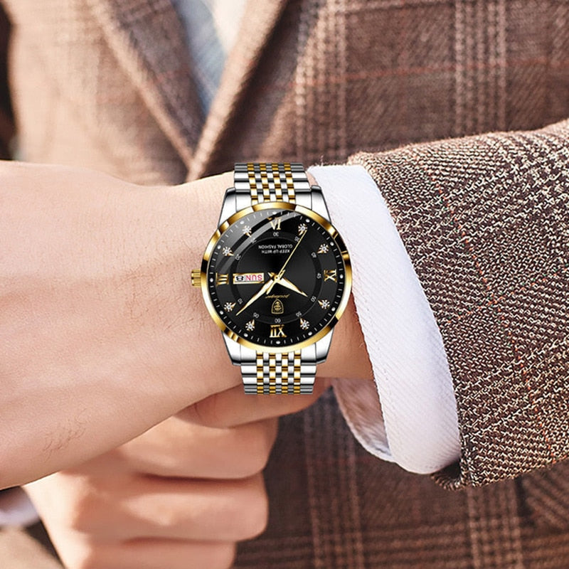Casual Sport Chronograph Men's Watches Stainless Steel Band Wristwatch Big Dial Quartz Clock with Luminous Pointers+box