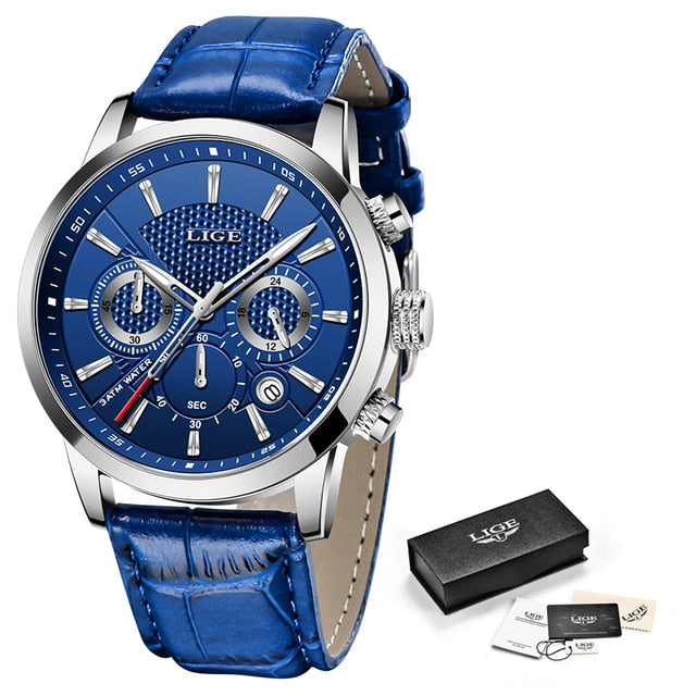 Mens Watches LIGE Top Brand Leather Chronograph Waterproof Sport Automatic Date Quartz Watch For Men Relogio Masculino