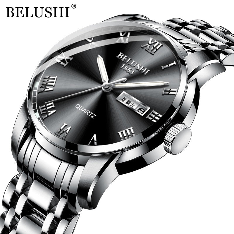 BELUSHI Montre de Luxe pour Homme, Acier Inoxydable, Horloge de Date, Étanche, Lumineuse, Quartz, Sport
