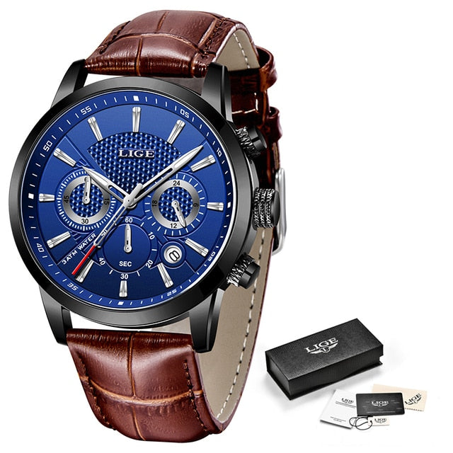 Mens Watches LIGE Top Brand Leather Chronograph Waterproof Sport Automatic Date Quartz Watch For Men Relogio Masculino