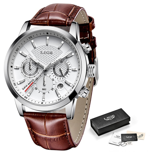Mens Watches LIGE Top Brand Leather Chronograph Waterproof Sport Automatic Date Quartz Watch For Men Relogio Masculino