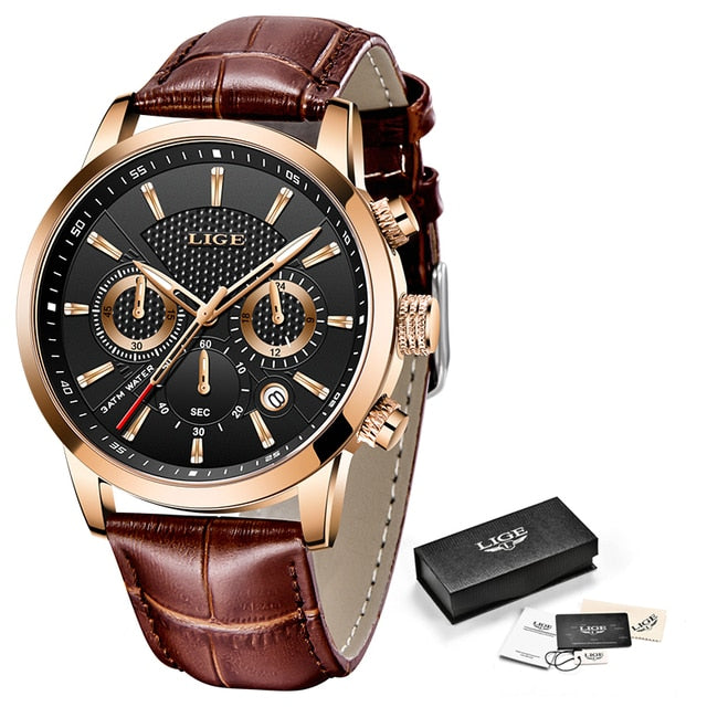 Mens Watches LIGE Top Brand Leather Chronograph Waterproof Sport Automatic Date Quartz Watch For Men Relogio Masculino