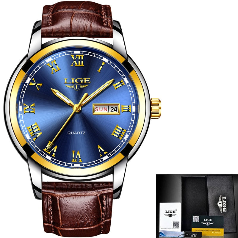 Mens Watches LIGE Top Brand Leather Chronograph Waterproof Sport Automatic Date Quartz Watch For Men Relogio Masculino