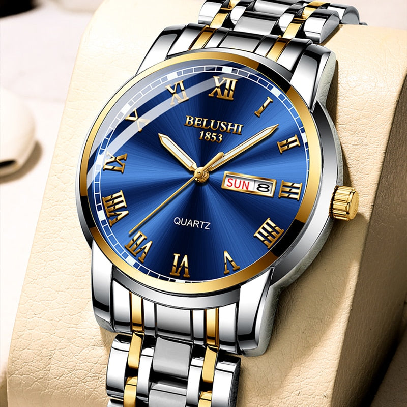 BELUSHI Montre de Luxe pour Homme, Acier Inoxydable, Horloge de Date, Étanche, Lumineuse, Quartz, Sport