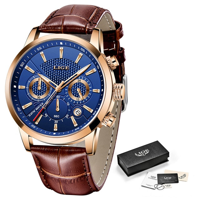 Mens Watches LIGE Top Brand Leather Chronograph Waterproof Sport Automatic Date Quartz Watch For Men Relogio Masculino