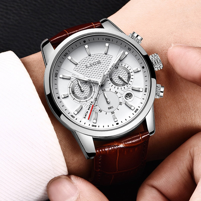 Mens Watches LIGE Top Brand Leather Chronograph Waterproof Sport Automatic Date Quartz Watch For Men Relogio Masculino