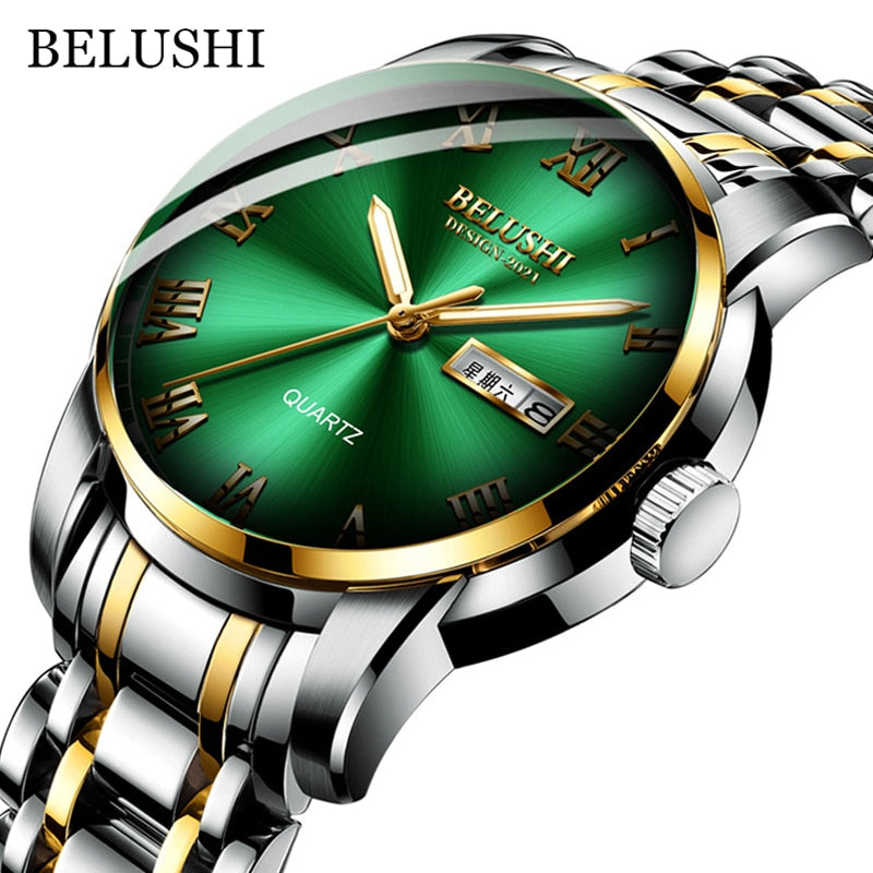 BELUSHI Montre de Luxe pour Homme, Acier Inoxydable, Horloge de Date, Étanche, Lumineuse, Quartz, Sport