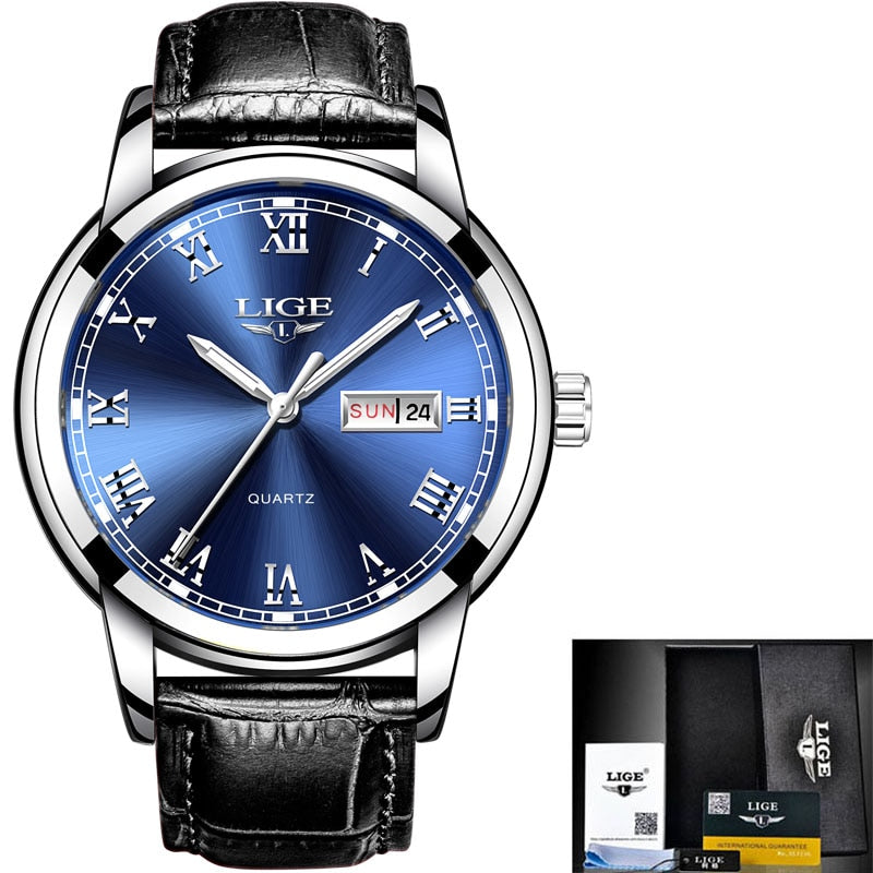 Mens Watches LIGE Top Brand Leather Chronograph Waterproof Sport Automatic Date Quartz Watch For Men Relogio Masculino