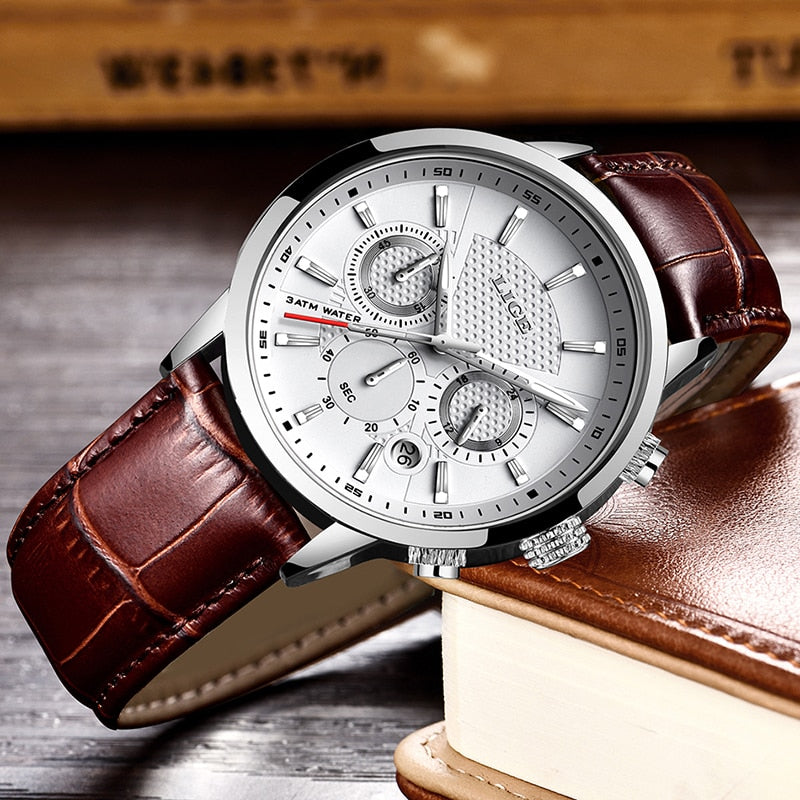 Mens Watches LIGE Top Brand Leather Chronograph Waterproof Sport Automatic Date Quartz Watch For Men Relogio Masculino