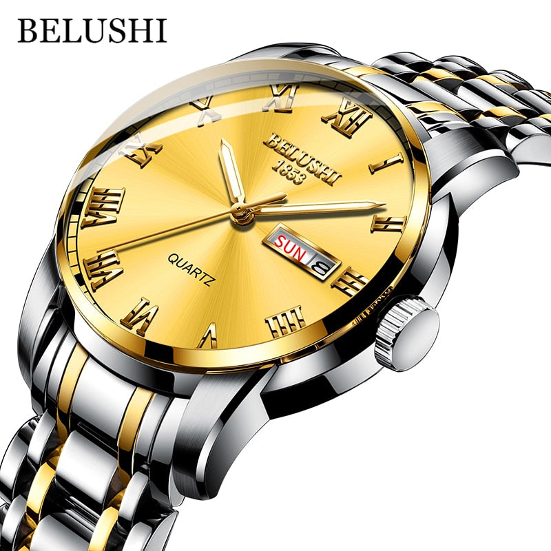 BELUSHI Montre de Luxe pour Homme, Acier Inoxydable, Horloge de Date, Étanche, Lumineuse, Quartz, Sport