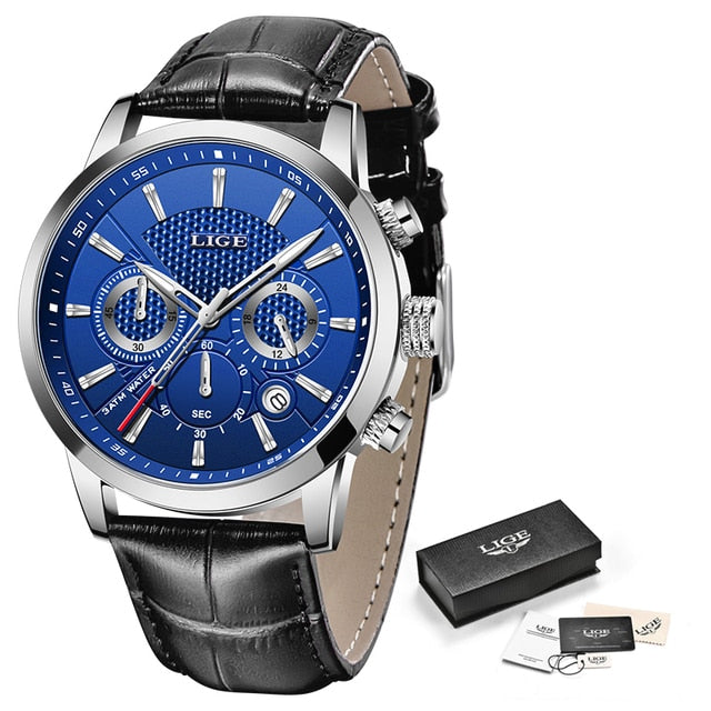 Mens Watches LIGE Top Brand Leather Chronograph Waterproof Sport Automatic Date Quartz Watch For Men Relogio Masculino