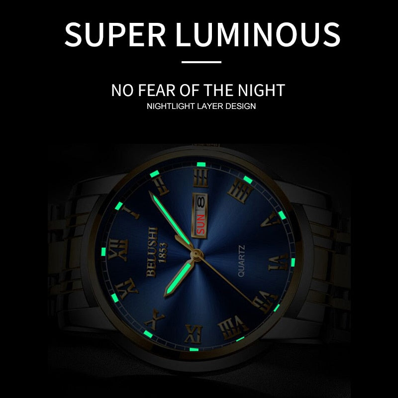 BELUSHI Montre de Luxe pour Homme, Acier Inoxydable, Horloge de Date, Étanche, Lumineuse, Quartz, Sport