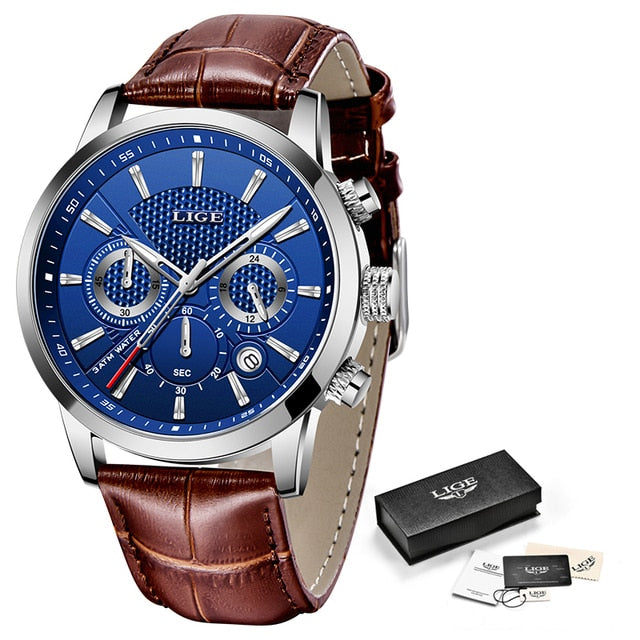Mens Watches LIGE Top Brand Leather Chronograph Waterproof Sport Automatic Date Quartz Watch For Men Relogio Masculino