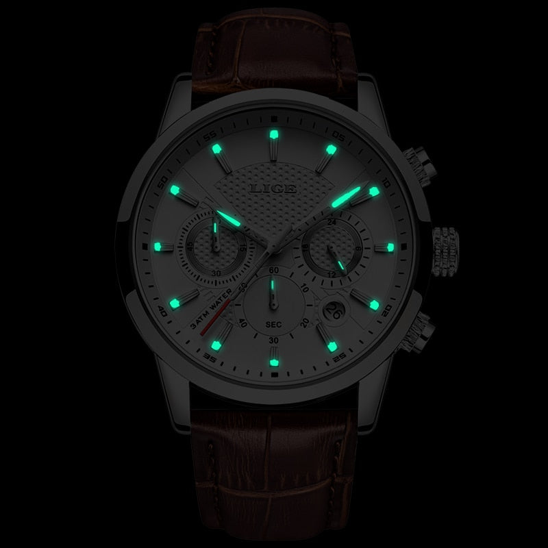 Mens Watches LIGE Top Brand Leather Chronograph Waterproof Sport Automatic Date Quartz Watch For Men Relogio Masculino