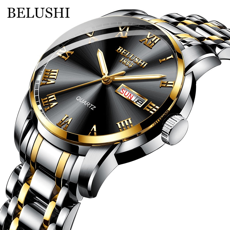 BELUSHI Montre de Luxe pour Homme, Acier Inoxydable, Horloge de Date, Étanche, Lumineuse, Quartz, Sport