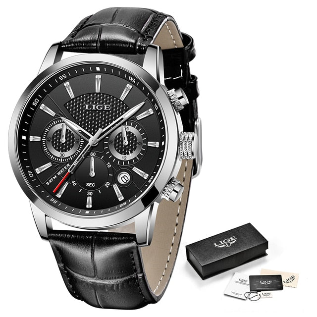 Mens Watches LIGE Top Brand Leather Chronograph Waterproof Sport Automatic Date Quartz Watch For Men Relogio Masculino