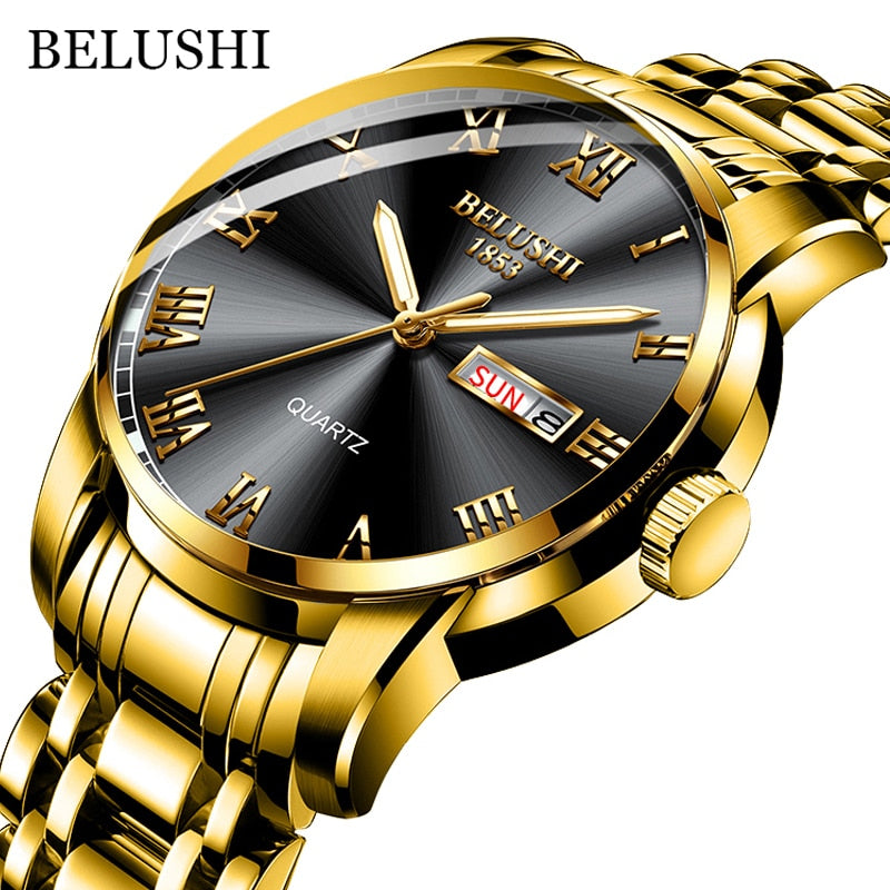 BELUSHI Montre de Luxe pour Homme, Acier Inoxydable, Horloge de Date, Étanche, Lumineuse, Quartz, Sport