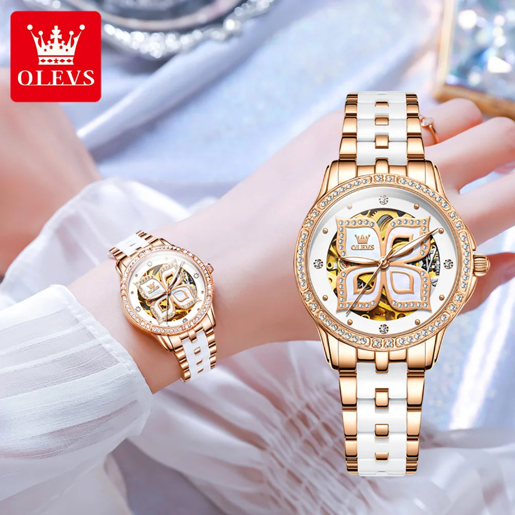OLEVS Elegant Ceramics Strap Automatic Mechanical Watch for Women Luxury Top Brand Ladies Wristwatch Bracelet Necklace Gift Sets