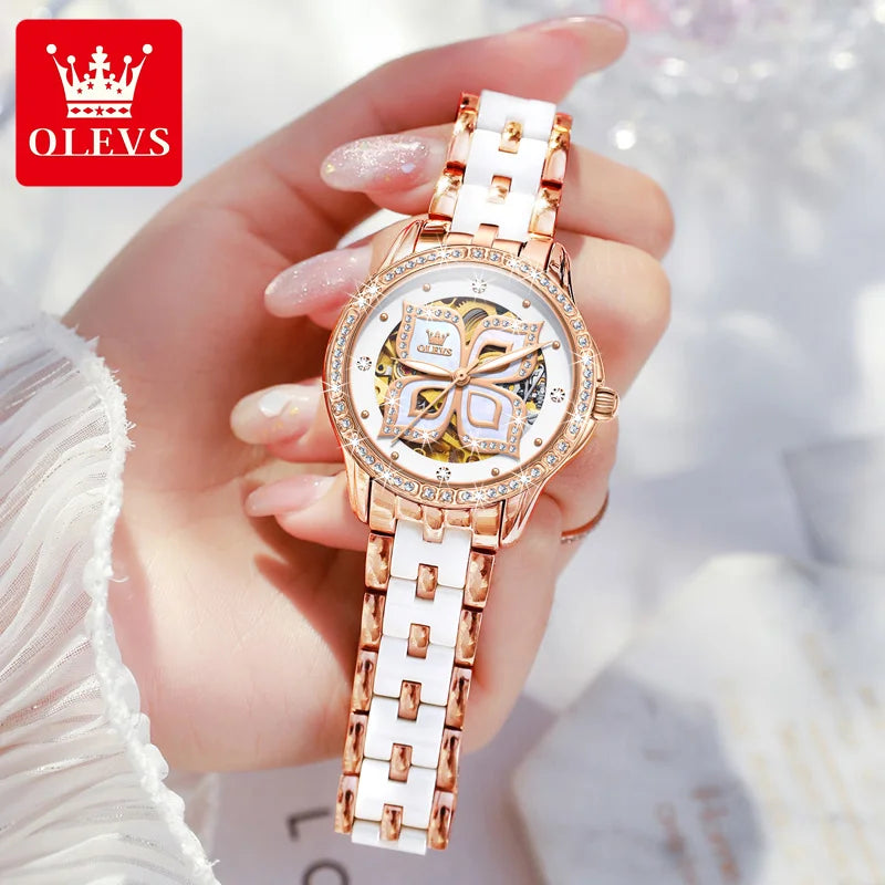 OLEVS Elegant Ceramics Strap Automatic Mechanical Watch for Women Luxury Top Brand Ladies Wristwatch Bracelet Necklace Gift Sets