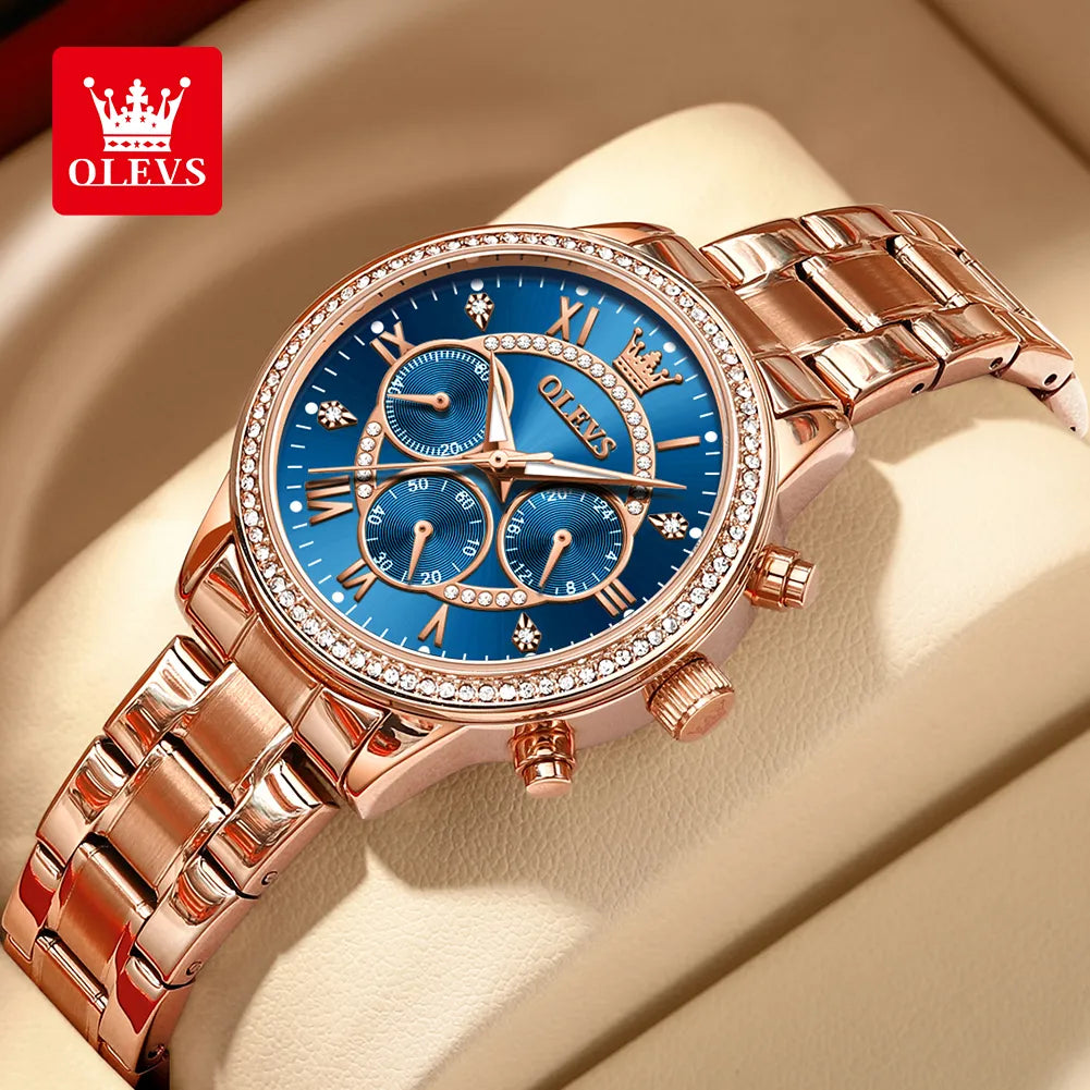 OLEVS Women's Watch Fashion Elegant Rose Gold Quartz Watch for Women Classic Three Small Dials Chronograph Waterproof Watch 2023