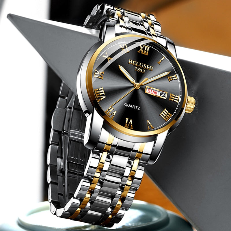 BELUSHI Montre de Luxe pour Homme, Acier Inoxydable, Horloge de Date, Étanche, Lumineuse, Quartz, Sport