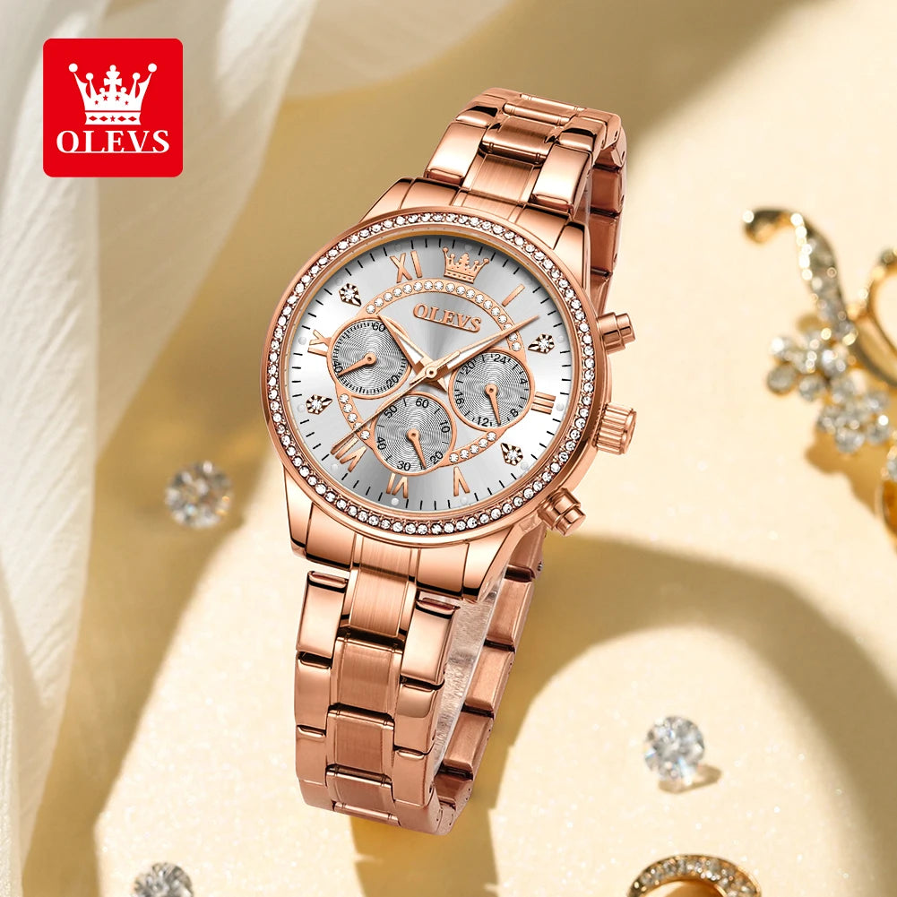 OLEVS Women's Watch Fashion Elegant Rose Gold Quartz Watch for Women Classic Three Small Dials Chronograph Waterproof Watch 2023