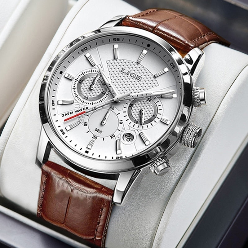 Mens Watches LIGE Top Brand Leather Chronograph Waterproof Sport Automatic Date Quartz Watch For Men Relogio Masculino
