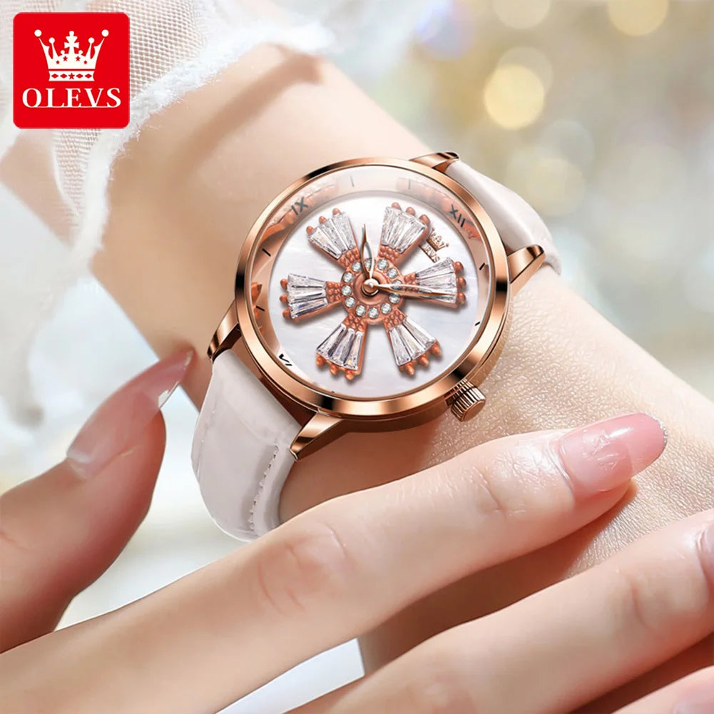 OLEVS New In Rotation Dial Quartz Watch for Women Leather Strap Fashion Elegant Women's Wristwatch Luxury Ladies Dress Watch Set