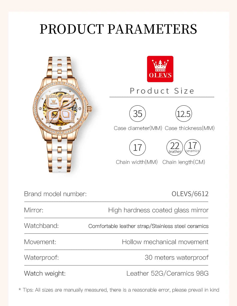 OLEVS Elegant Ceramics Strap Automatic Mechanical Watch for Women Luxury Top Brand Ladies Wristwatch Bracelet Necklace Gift Sets