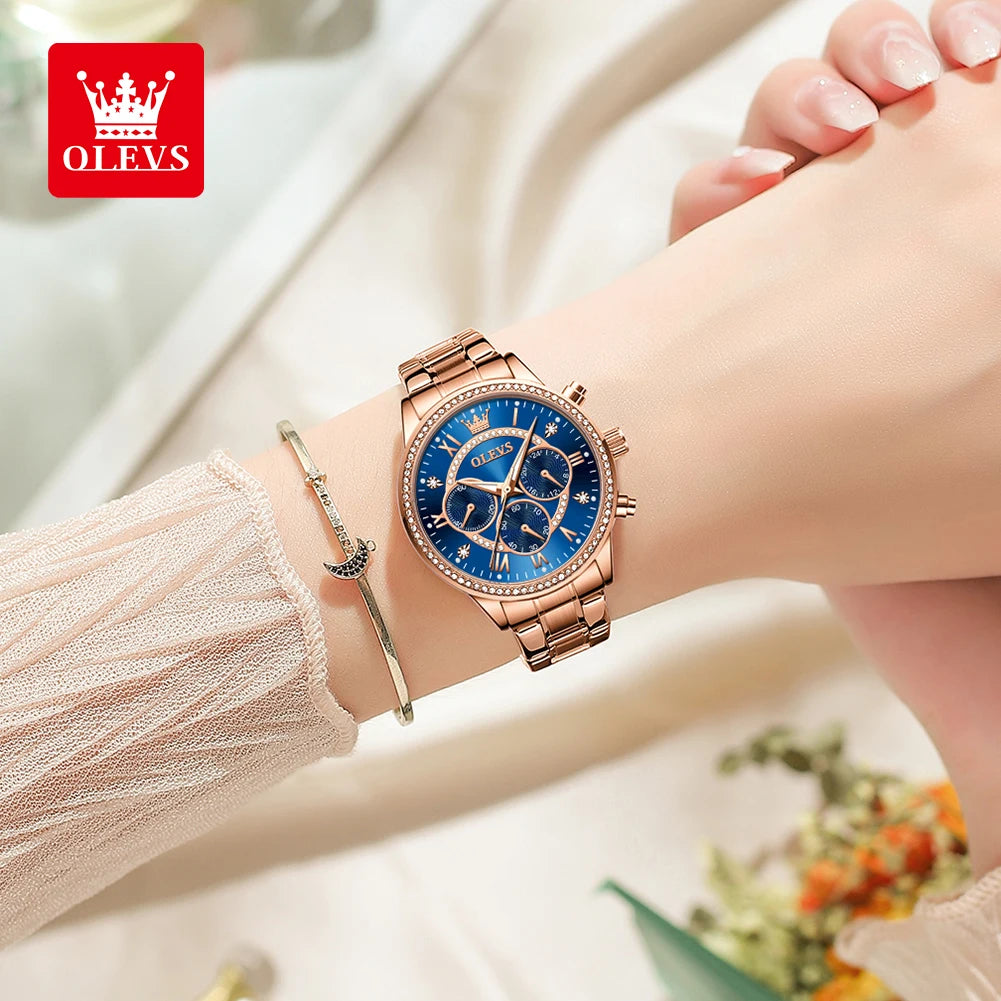 OLEVS Women's Watch Fashion Elegant Rose Gold Quartz Watch for Women Classic Three Small Dials Chronograph Waterproof Watch 2023