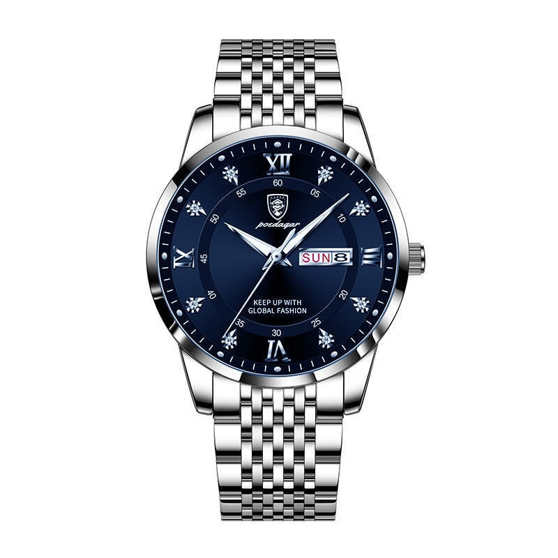 Casual Sport Chronograph Men's Watches Stainless Steel Band Wristwatch Big Dial Quartz Clock with Luminous Pointers+box