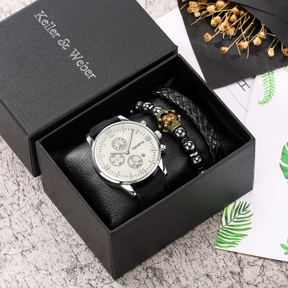 Personality Men's Watch Bracelets Gift Set Luxury Leather Quartz Date Watches with Box for Boyfriend Gifts Idea for Father's Day