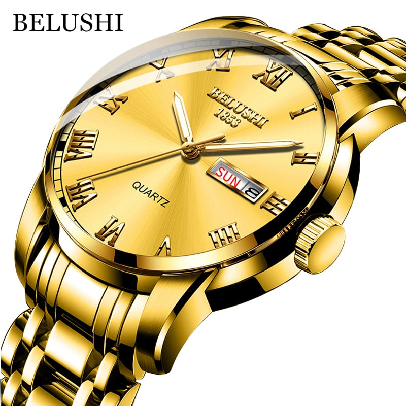 BELUSHI Montre de Luxe pour Homme, Acier Inoxydable, Horloge de Date, Étanche, Lumineuse, Quartz, Sport