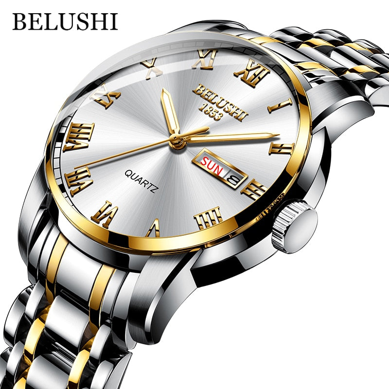 BELUSHI Montre de Luxe pour Homme, Acier Inoxydable, Horloge de Date, Étanche, Lumineuse, Quartz, Sport