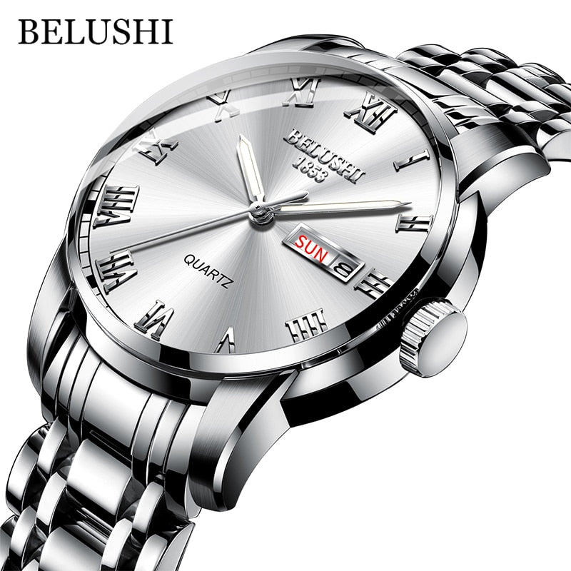 BELUSHI Montre de Luxe pour Homme, Acier Inoxydable, Horloge de Date, Étanche, Lumineuse, Quartz, Sport