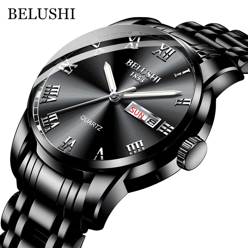 BELUSHI Montre de Luxe pour Homme, Acier Inoxydable, Horloge de Date, Étanche, Lumineuse, Quartz, Sport