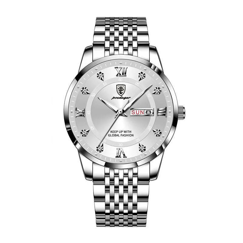 Casual Sport Chronograph Men's Watches Stainless Steel Band Wristwatch Big Dial Quartz Clock with Luminous Pointers+box
