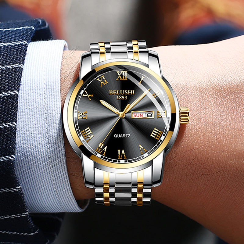 BELUSHI Montre de Luxe pour Homme, Acier Inoxydable, Horloge de Date, Étanche, Lumineuse, Quartz, Sport