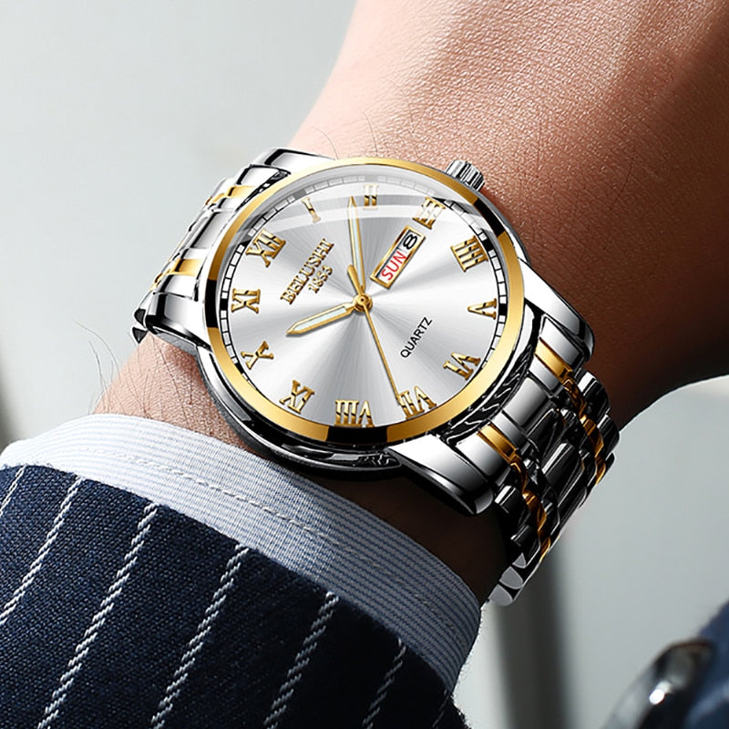 BELUSHI Montre de Luxe pour Homme, Acier Inoxydable, Horloge de Date, Étanche, Lumineuse, Quartz, Sport
