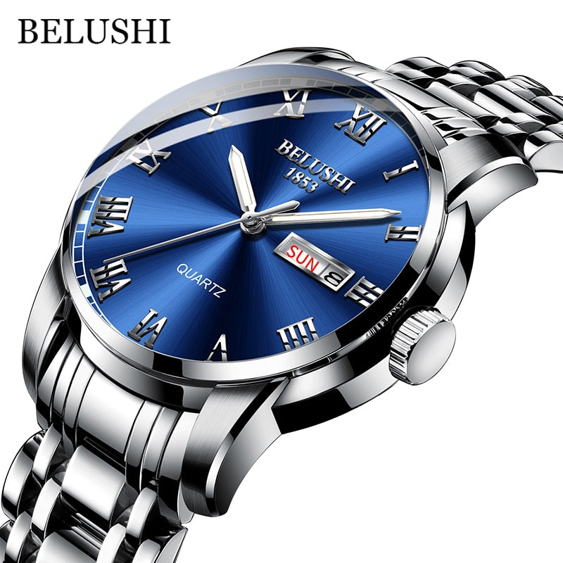 BELUSHI Montre de Luxe pour Homme, Acier Inoxydable, Horloge de Date, Étanche, Lumineuse, Quartz, Sport