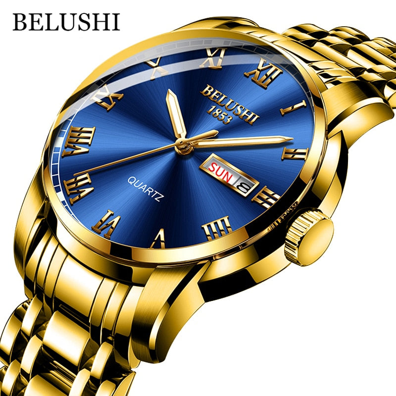 BELUSHI Montre de Luxe pour Homme, Acier Inoxydable, Horloge de Date, Étanche, Lumineuse, Quartz, Sport