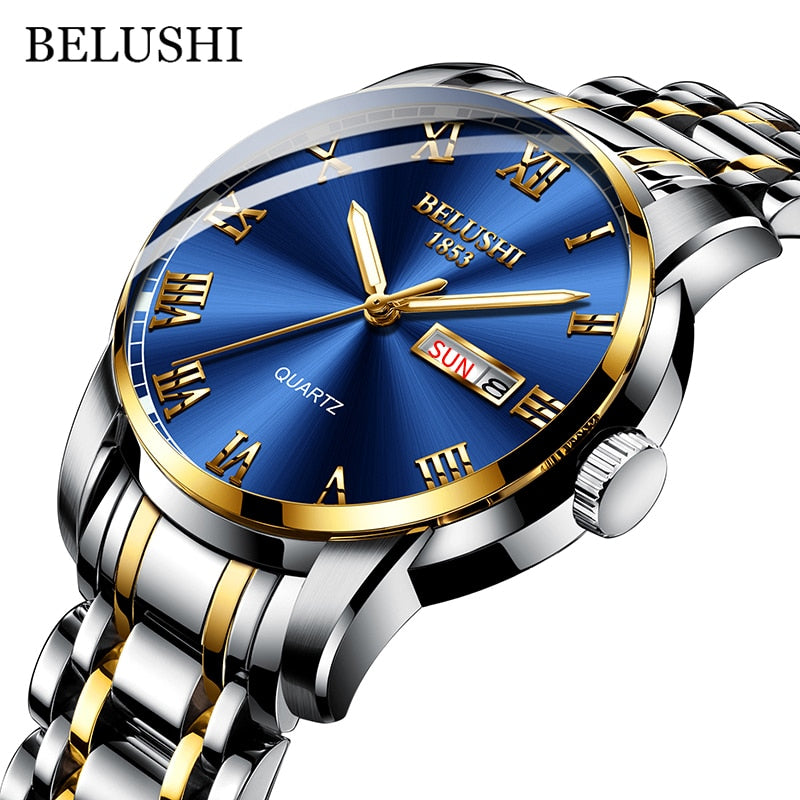 BELUSHI Montre de Luxe pour Homme, Acier Inoxydable, Horloge de Date, Étanche, Lumineuse, Quartz, Sport
