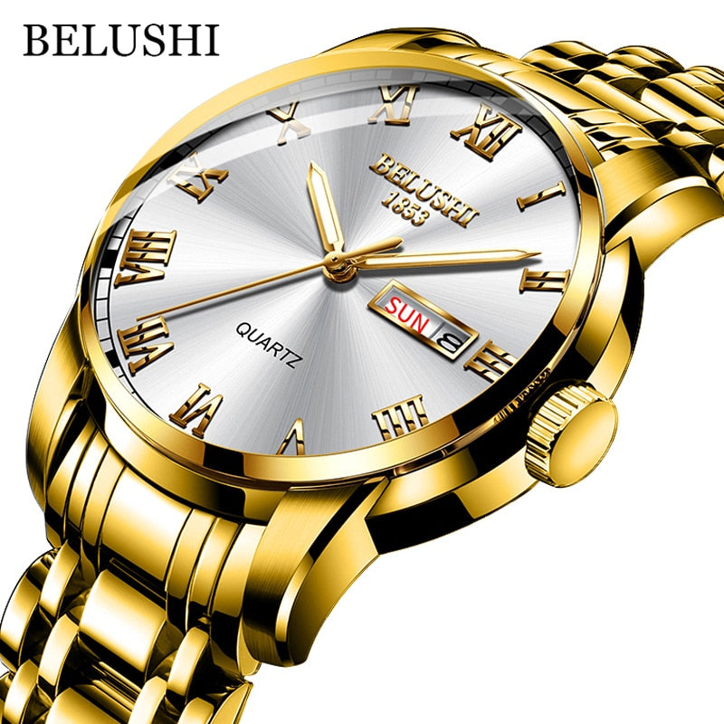 BELUSHI Montre de Luxe pour Homme, Acier Inoxydable, Horloge de Date, Étanche, Lumineuse, Quartz, Sport