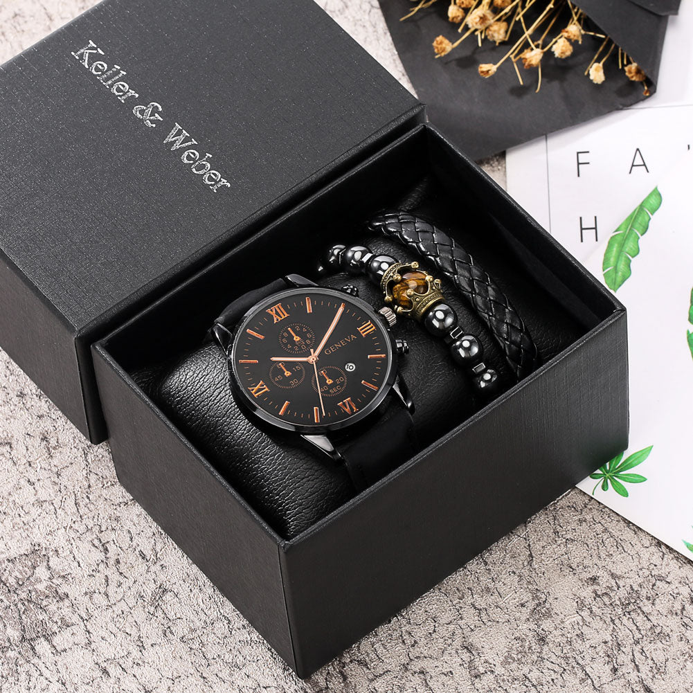 Personality Men's Watch Bracelets Gift Set Luxury Leather Quartz Date Watches with Box for Boyfriend Gifts Idea for Father's Day