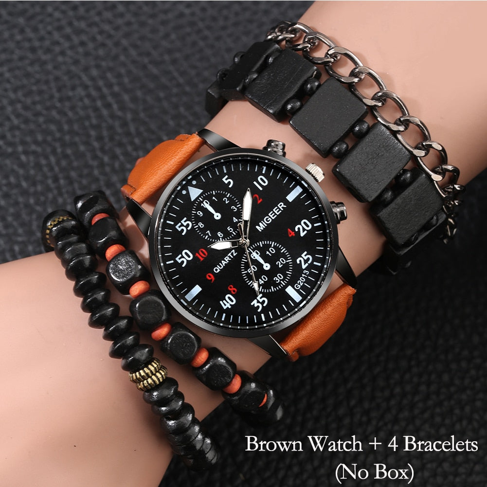 Personality Men's Watch Bracelets Gift Set Luxury Leather Quartz Date Watches with Box for Boyfriend Gifts Idea for Father's Day