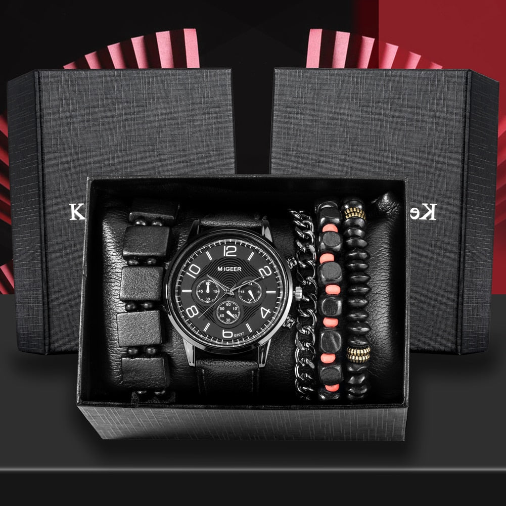 Personality Men's Watch Bracelets Gift Set Luxury Leather Quartz Date Watches with Box for Boyfriend Gifts Idea for Father's Day