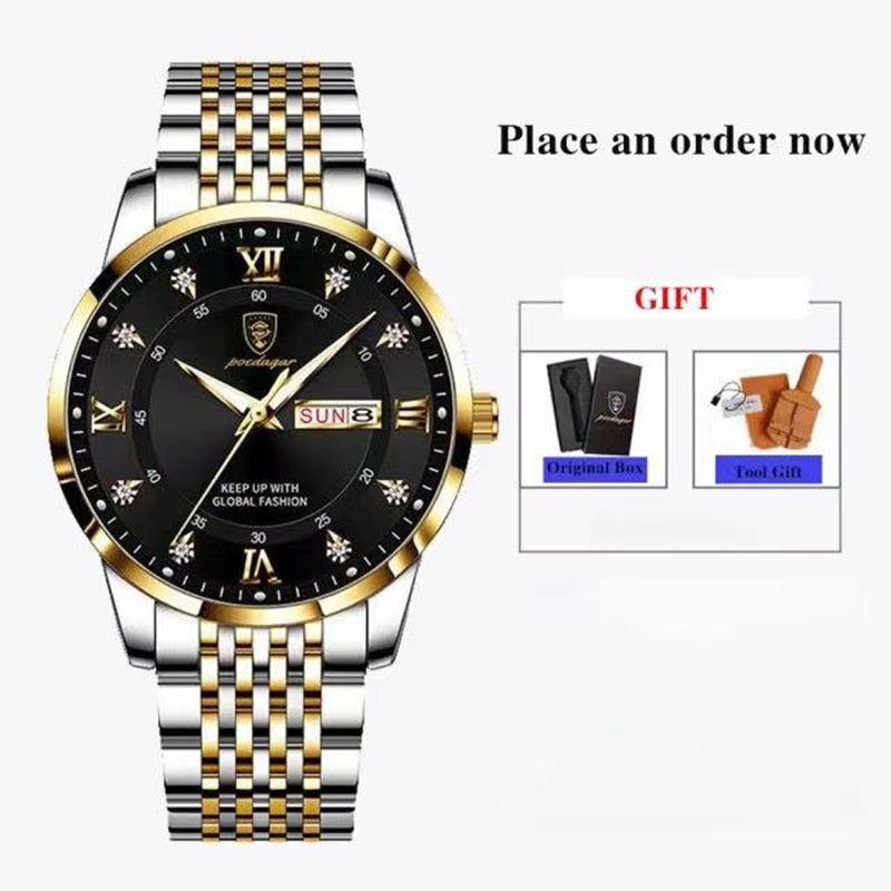 Casual Sport Chronograph Men's Watches Stainless Steel Band Wristwatch Big Dial Quartz Clock with Luminous Pointers+box
