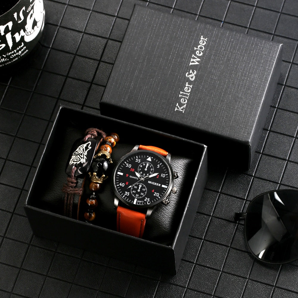 Personality Men's Watch Bracelets Gift Set Luxury Leather Quartz Date Watches with Box for Boyfriend Gifts Idea for Father's Day
